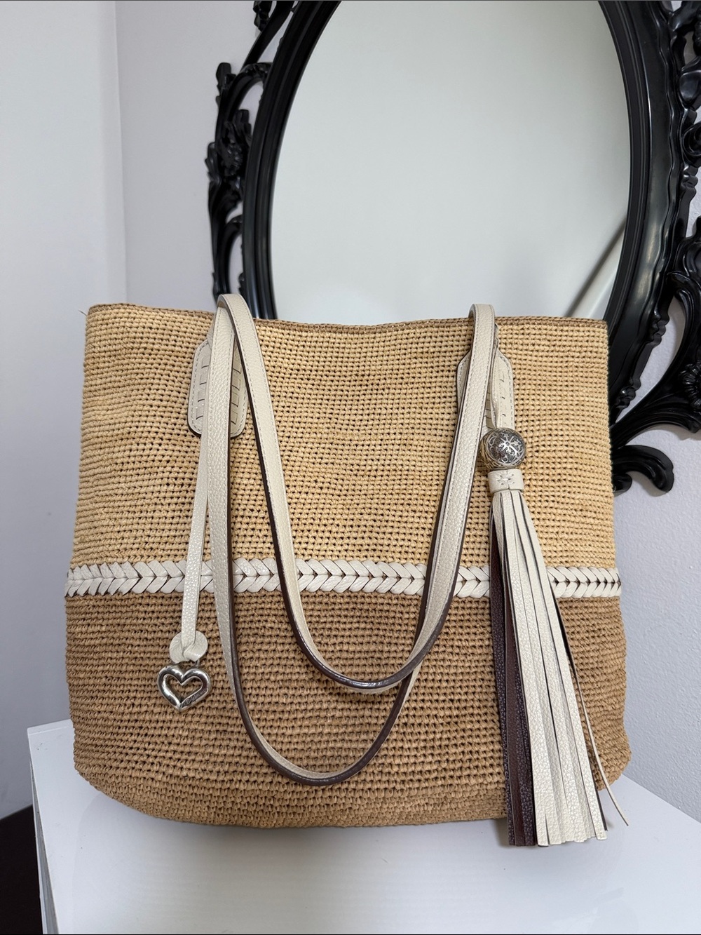 Brighton Natural Tan Woven Tote with Cream Trim and Tassel Charm